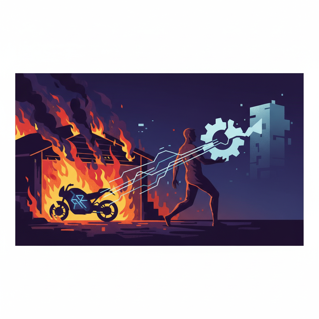 Fogo na garagem: a moto elétrica, o pai queimado e a conta que o Estado nunca paga